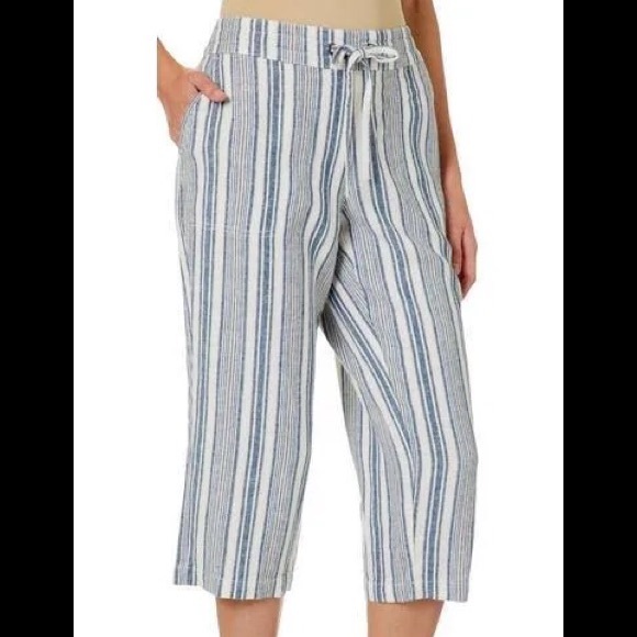 Per Se Women's Navy Ivory Vertical Striped Linen Pull on Capris Side Pockets - Picture 2 of 8